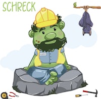 a cartoon character with a hard hat and a bat on a rock